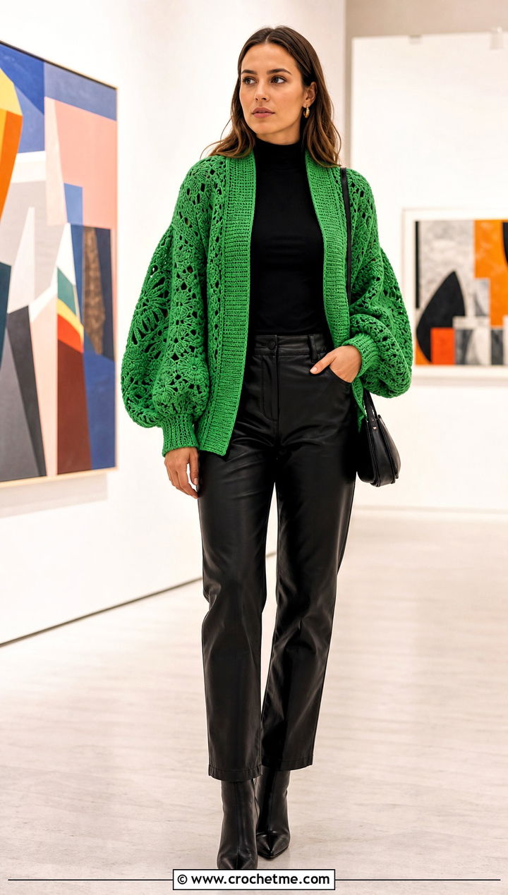 Balloon Sleeve Folklore Crochet Cardigan With Leather Pants - 30 folklore crochet cardigan outfit ideas