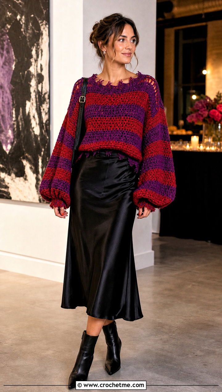 Balloon Sleeve Freddy Krueger Sweater With Satin Midi Skirt - 30 crochet freddy krueger sweater outfit ideas