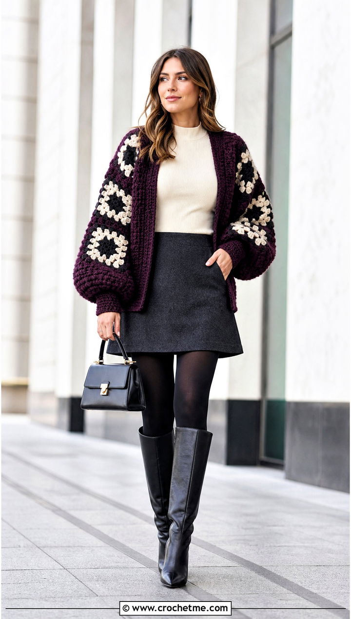 Balloon Sleeve Giant Granny Square Cardigan With Mini Skirt - 35 giant granny square cardigan outfit ideas