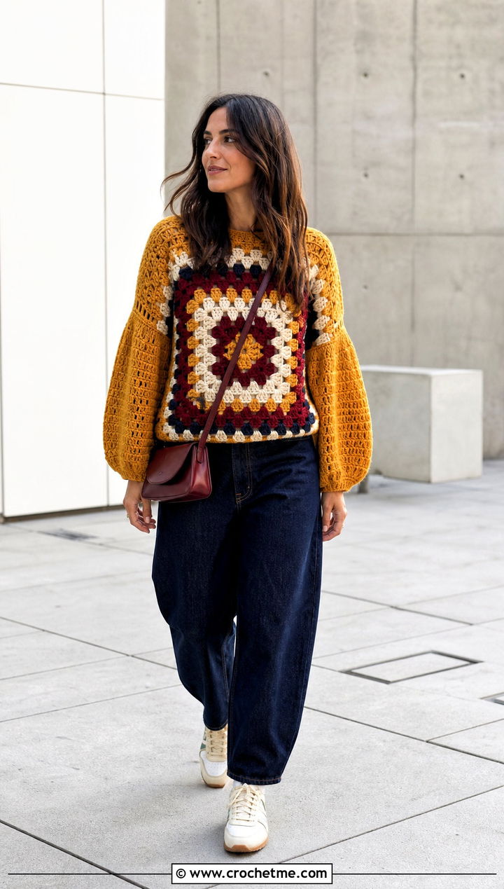 Balloon Sleeve Giant Granny Square Sweater With Barrel Jeans - 30 giant granny square sweater outfit ideas
