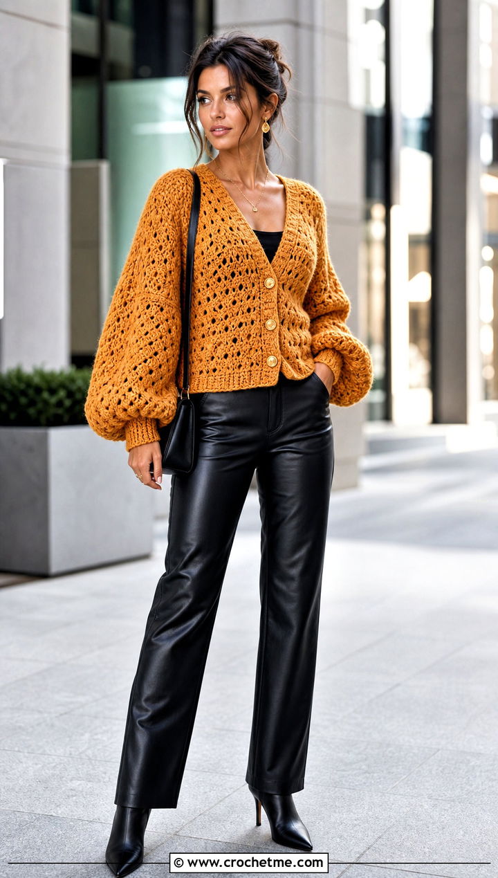 Balloon Sleeve Gold Crochet Cardigan With Leather Pants - 15 gold crochet cardigan outfit ideas