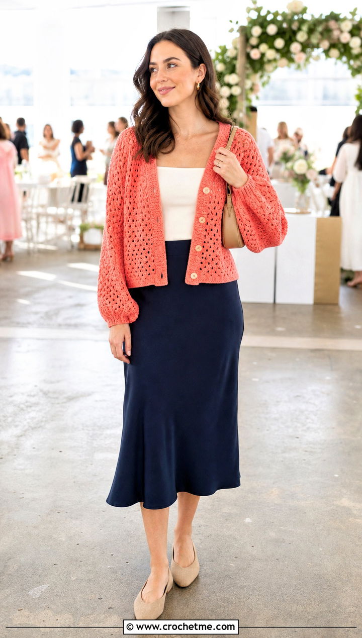 Balloon Sleeve Grandpa Crochet Cardigan With Bias Cut Midi Skirt - 20 grandpa crochet cardigan outfit ideas