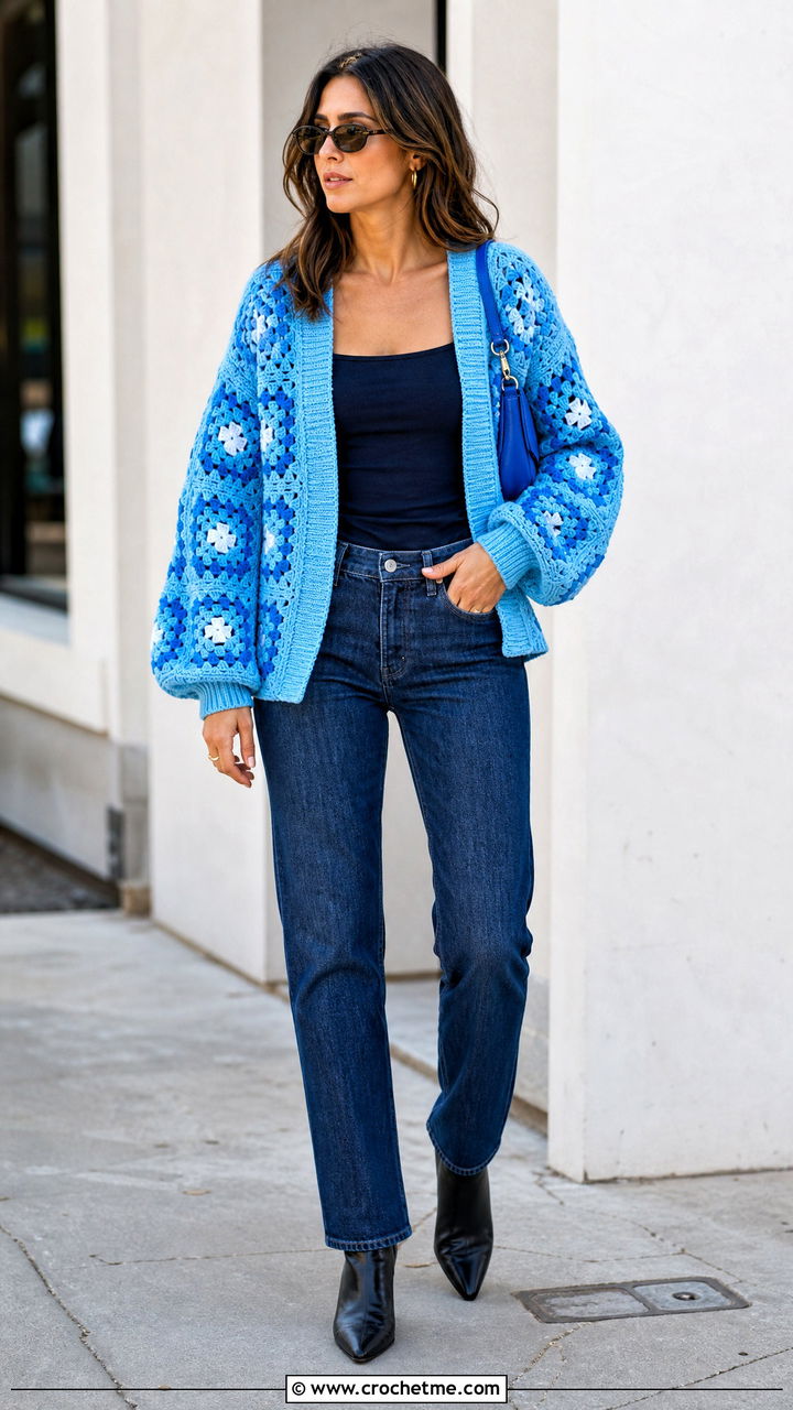 Balloon Sleeve Granny Cardigan With Slim Jeans - 35 crochet granny cardigan outfit ideas