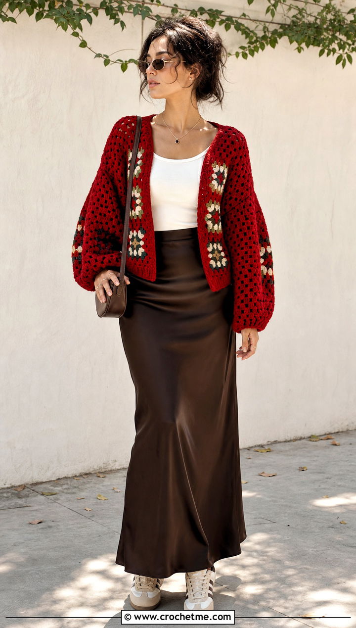 Balloon Sleeve Granny Crochet Y K Cardigan With Maxi Skirt - 20 Crochet Y2K Cardigan outfit ideas