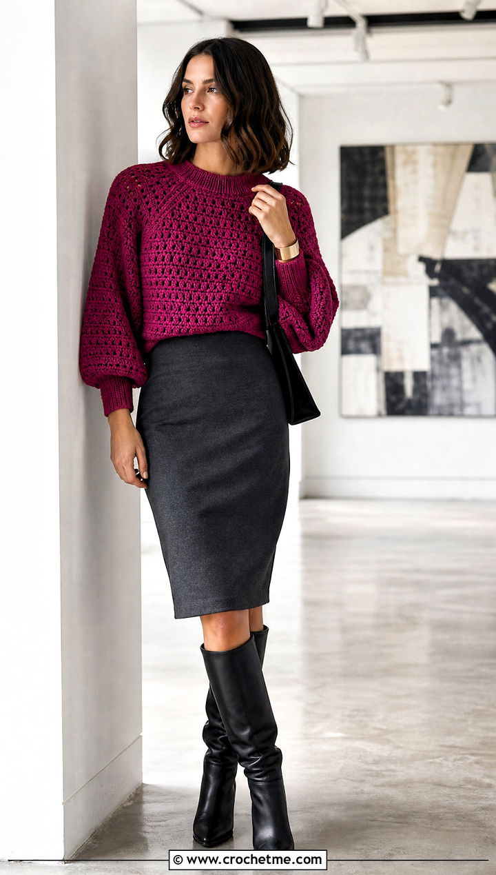 Balloon Sleeve Granny Raglan Sweater With Pencil Skirt - 20 Crochet Granny Raglan Sweater outfit ideas