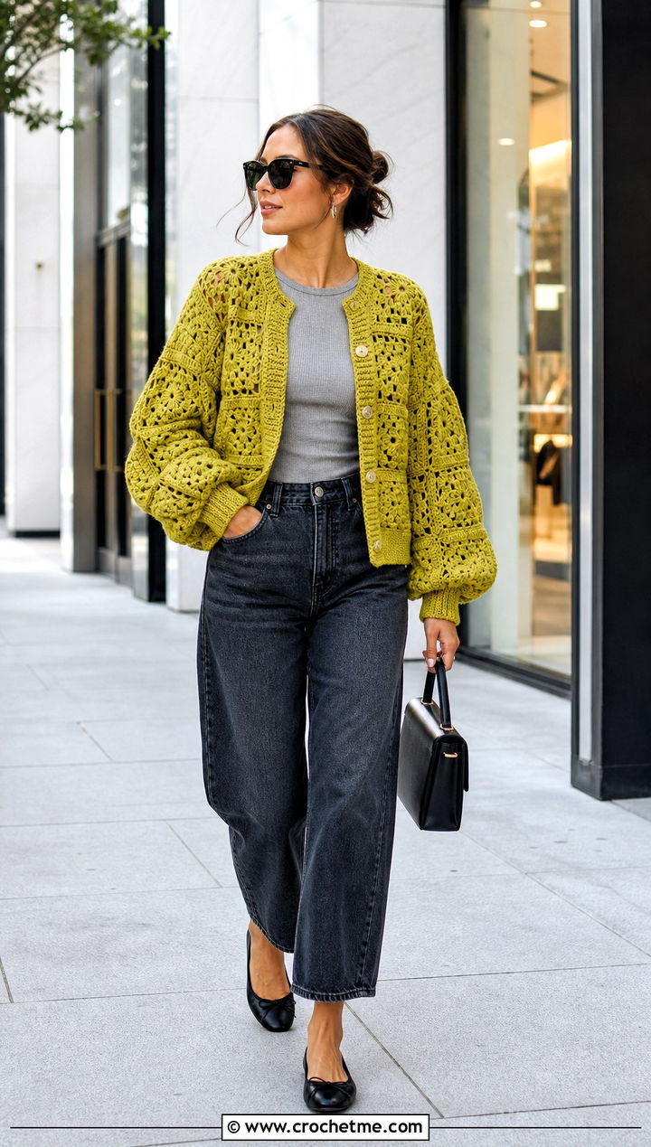 Balloon Sleeve Granny Square Cardigan With Barrel Jeans - 15 Granny Square Cardigan Sweaters & Cardigans outfit ideas