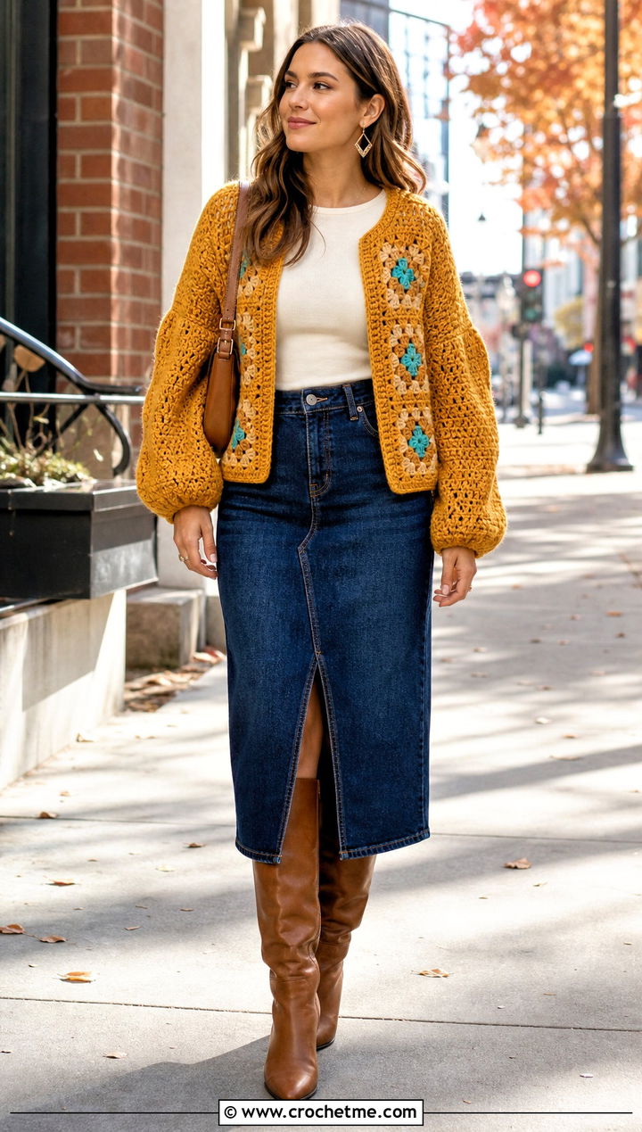 Balloon Sleeve Granny Square Cardigan With Denim Midi Skirt - 25 Two Granny Square Cardigan outfit ideas