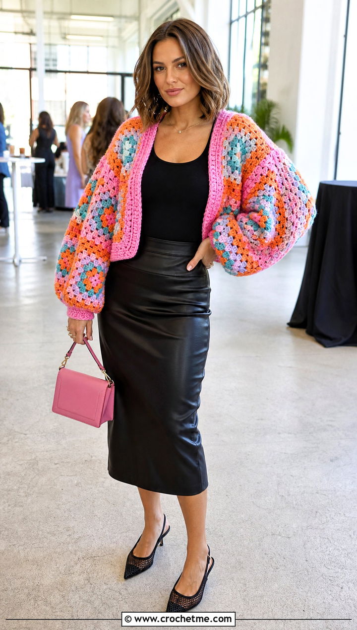 Balloon Sleeve Granny Square Cardigan With Faux Leather Skirt - 25 pastel granny square cardigan outfit ideas