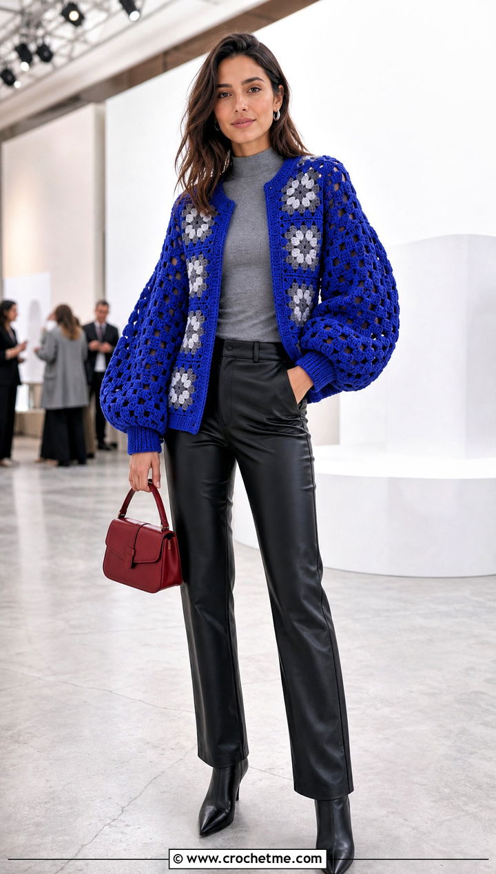 Balloon Sleeve Granny Square Cardigan With Leather Pants - 15 Everyday Granny Square Cardigan outfit ideas