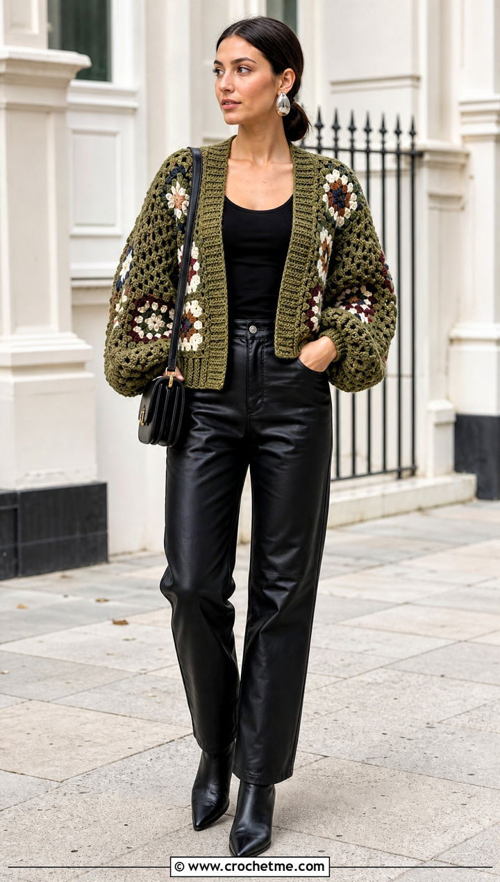 Balloon Sleeve Granny Square Cardigan With Leather Pants - 20 Grant Square Crochet Cardigan outfit ideas