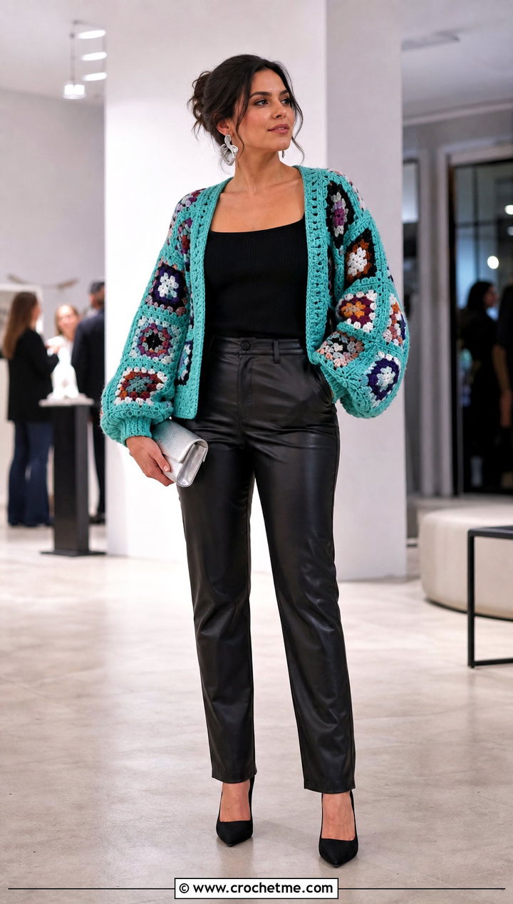Balloon Sleeve Granny Square Cardigan With Leather Pants - 35 granny square crochet cardigan jacket outfit ideas