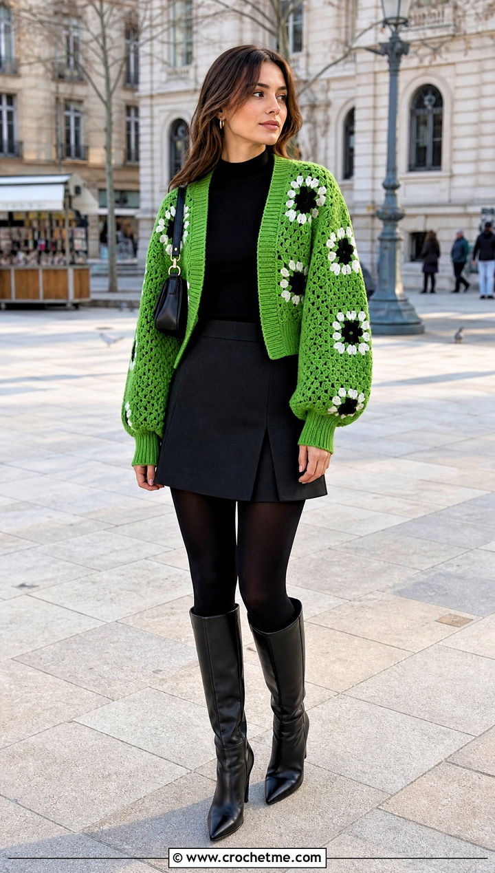 Balloon Sleeve Granny Square Cardigan With Mini Skirt - 35 Easy Simple Crochet Granny Square Cardigan outfit ideas