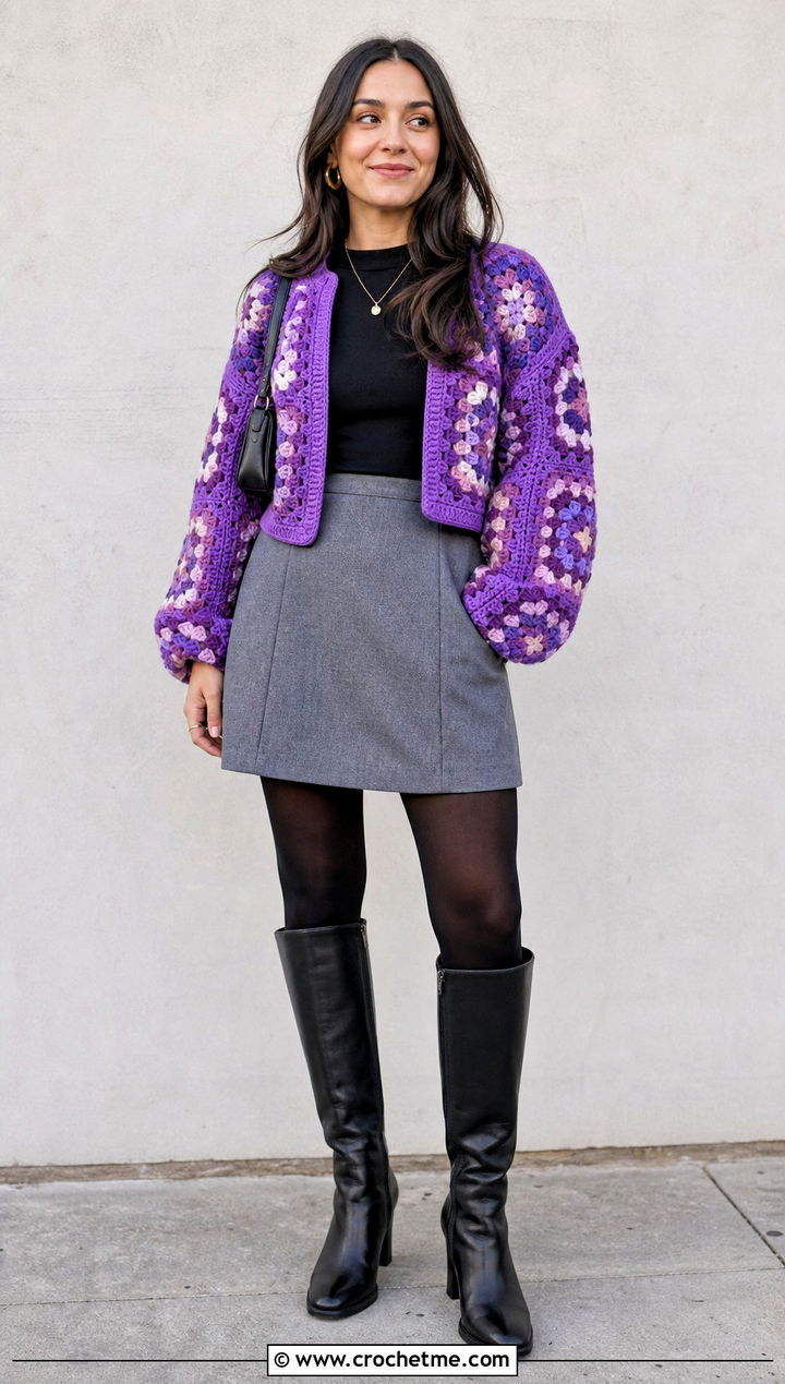 Balloon Sleeve Granny Square Cardigan With Mini Skirt - 20 Crochet Fall Granny Square Cardigan outfit ideas