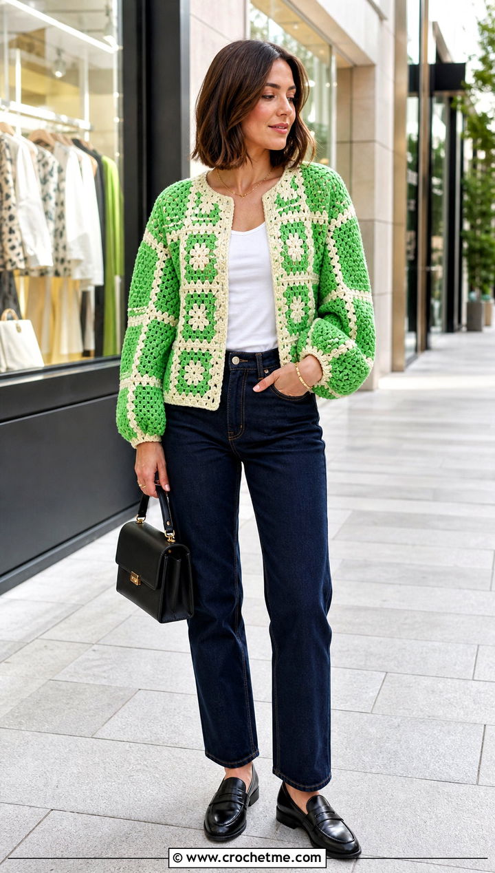 Balloon Sleeve Granny Square Cardigan With Straight Jeans - 15 Never Off Granny Square Cardigan outfit ideas