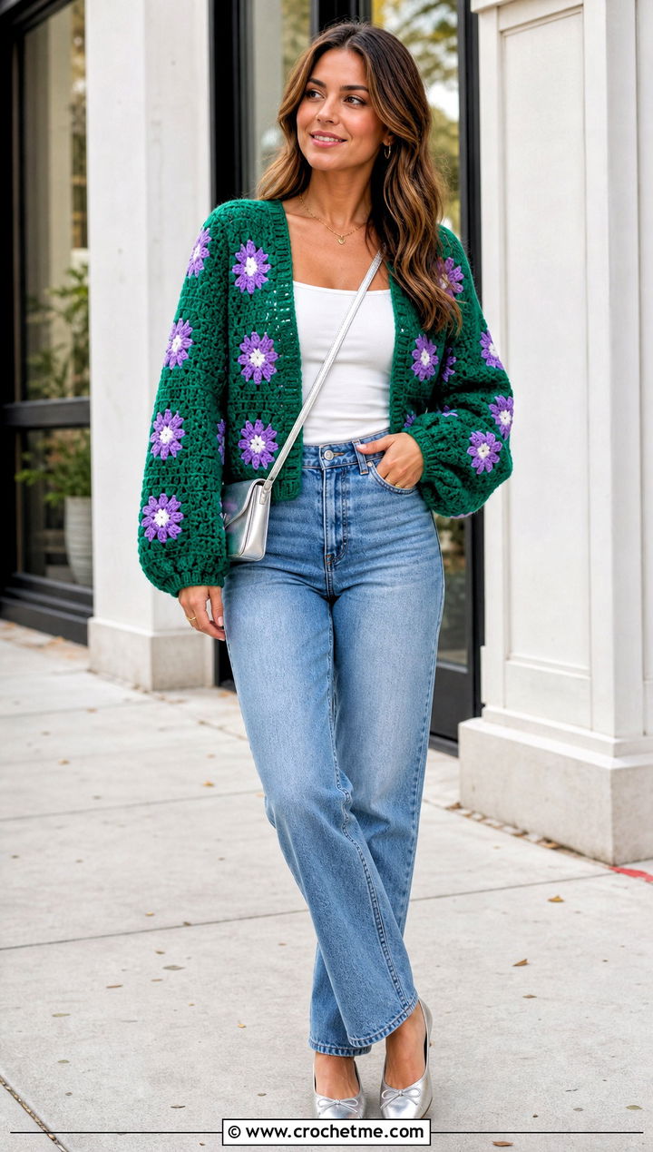 Balloon Sleeve Granny Square Cardigan With Straight Jeans - 30 cardigan with granny square outfit ideas