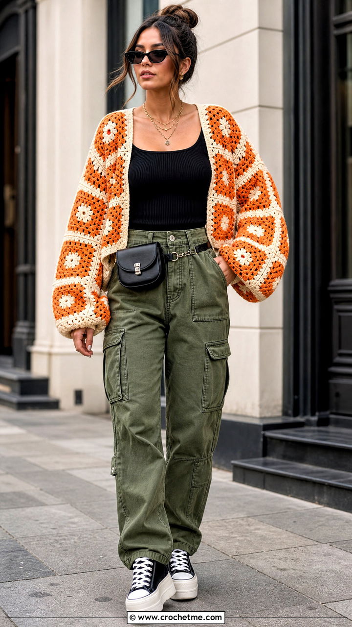 Balloon Sleeve Granny Square Crochet Cardigan With Cargo Pants - 35 granny square crochet cardigan outfit ideas