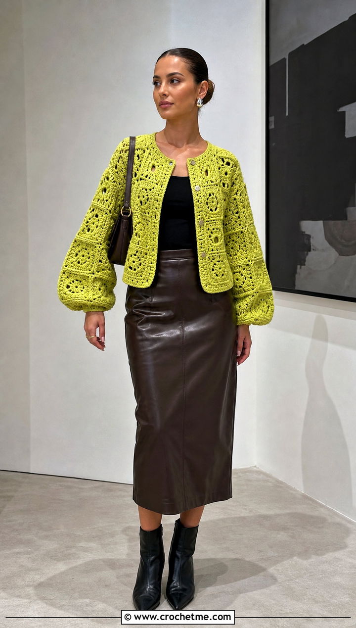 Balloon Sleeve Granny Square Crochet Cardigan With Leather Skirt - 25 Crochet Cardigan From Square outfit ideas