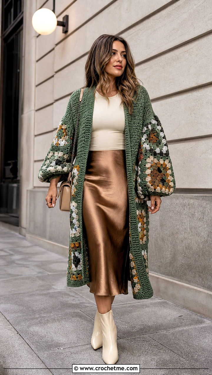 Balloon Sleeve Granny Square Crochet Coat With Slip Skirt - 25 Granny Square Crochet Coat outfit ideas