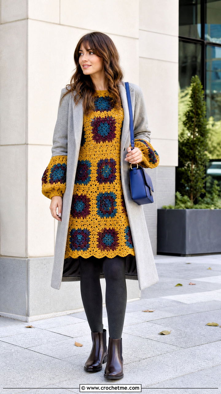 Balloon Sleeve Granny Square Dress With Chelsea Boots - 35 crochet granny square dress outfit ideas