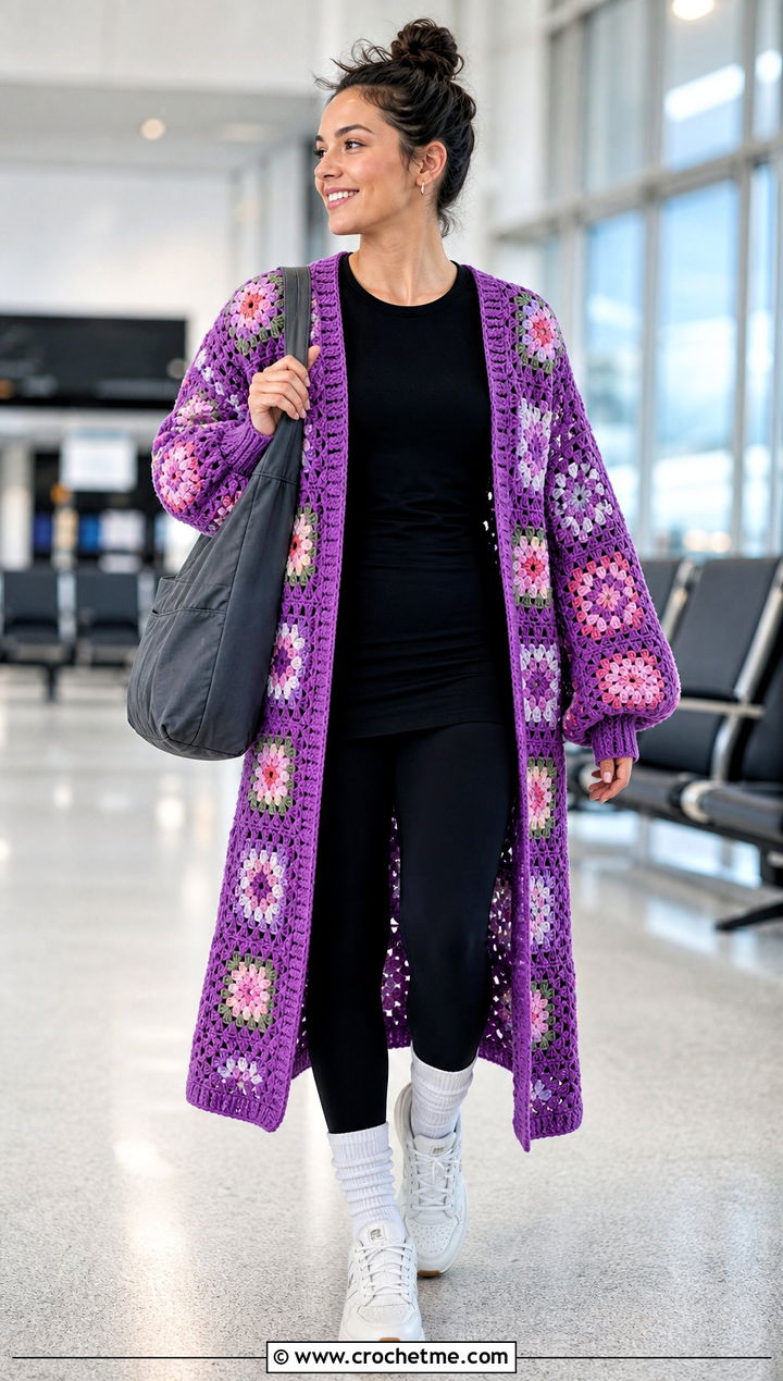 Balloon Sleeve Granny Square Duster With Leggings - 25 Crochet Granny Square Duster outfit ideas