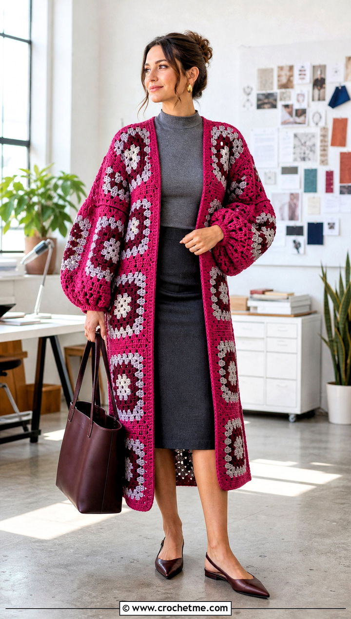 Balloon Sleeve Granny Square Duster With Pencil Skirt - 35 granny square duster outfit ideas