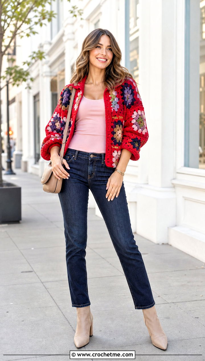 Balloon Sleeve Granny Square Jacket With Slim Jeans - 30 granny square jackets outfit ideas