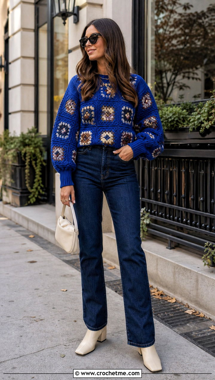 Balloon Sleeve Granny Square Jumper With Straight Leg Jeans - 35 granny square jumper outfit ideas