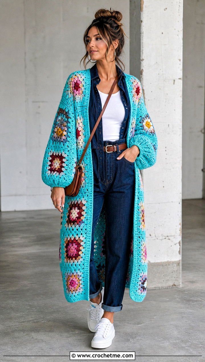 Balloon Sleeve Granny Square Long Cardigan With Denim Jumpsuit - 25 crochet granny square long cardigan outfit ideas