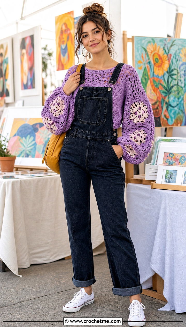 Balloon Sleeve Granny Square Long Sleeve Top With Denim Overalls - 20 Granny Square Long Sleeve Top outfit ideas