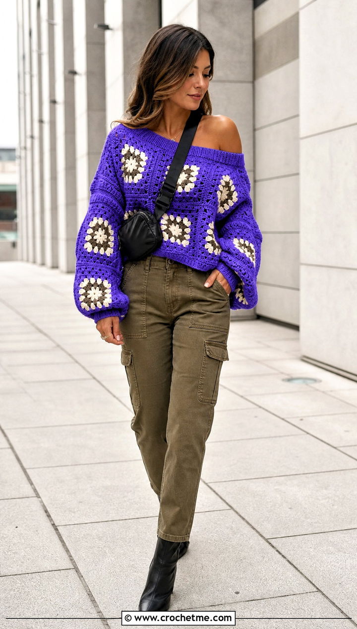 Balloon Sleeve Granny Square Off The Shoulder Sweater With Cargo Pants - 20 granny square off the shoulder sweater outfit ideas