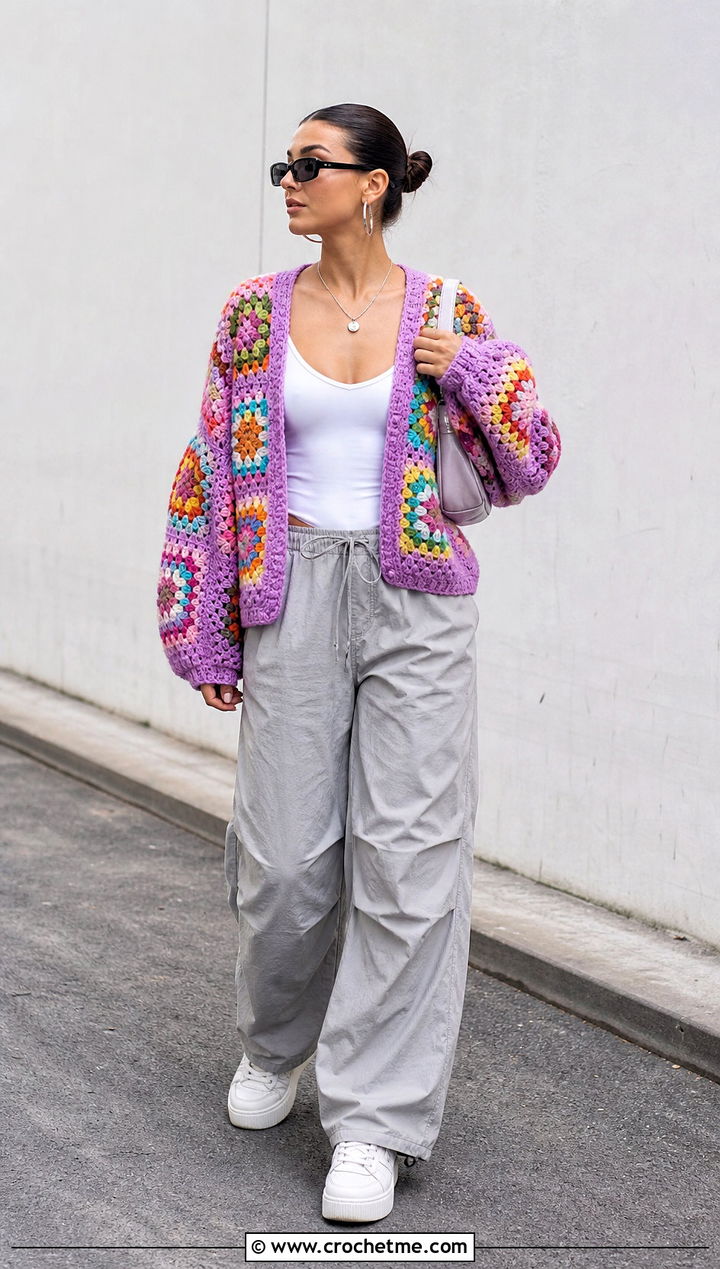 Balloon Sleeve Granny Square Patchwork Cardigan With Parachute Pants - 30 Granny Square Patchwork Cardigan outfit ideas