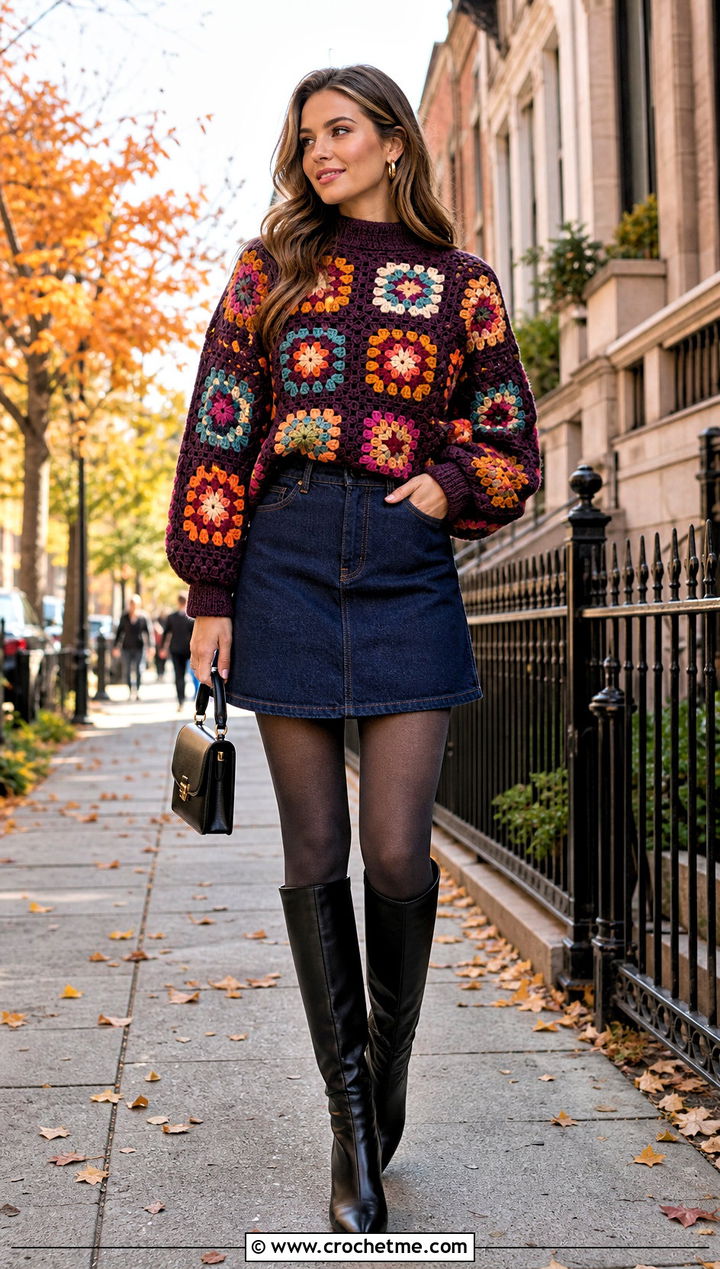 Balloon Sleeve Granny Square Pullover Sweater With Mini Skirt - 35 Granny Square Pullover Sweater outfit ideas