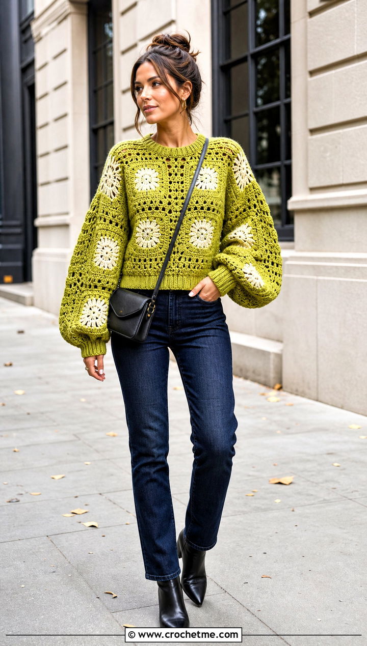 Balloon Sleeve Granny Square Pullover Sweater With Slim Jeans - 25 crochet granny square pullover sweater outfit ideas