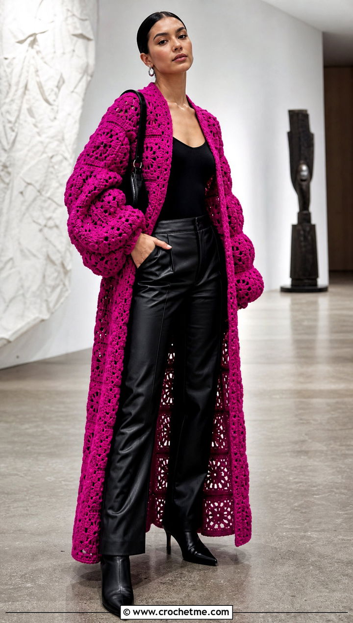 Balloon Sleeve Granny Square Robe With Leather Pants - 20 granny square robe outfit ideas