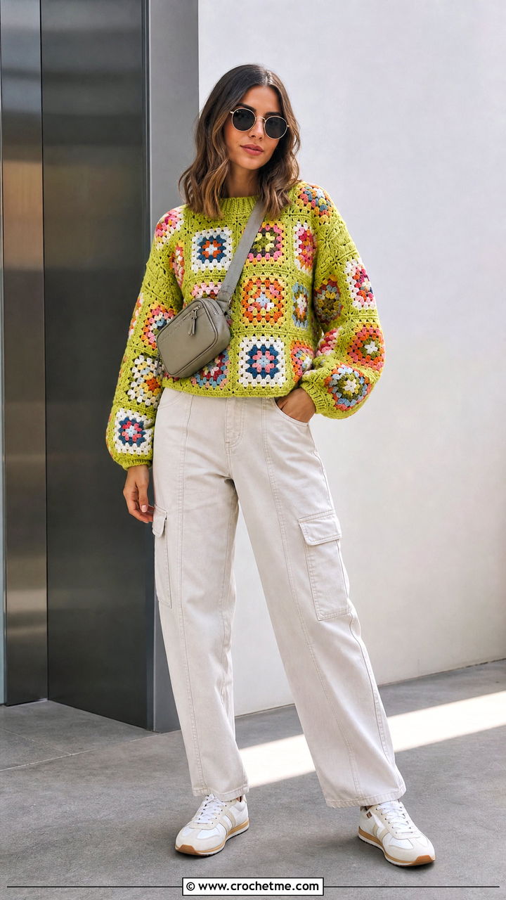 Balloon Sleeve Granny Square Sweater With Cargo Pants - 35 granny square sweater outfit ideas
