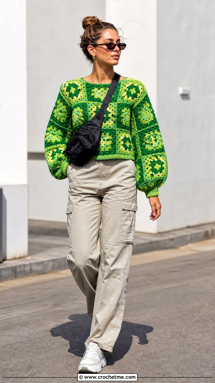 Balloon Sleeve Granny Square Sweater With Cargo Pants - 35 crochet granny square sweater outfit ideas