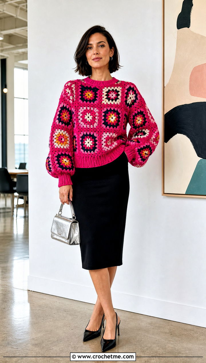 Balloon Sleeve Granny Square Sweater With Pencil Skirt - 30 easy granny square sweater outfit ideas