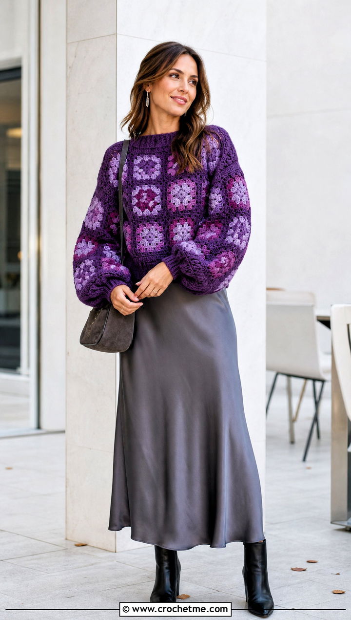 Balloon Sleeve Granny Square Sweater With Satin Slip Skirt - 25 Fall Granny Square Sweater outfit ideas