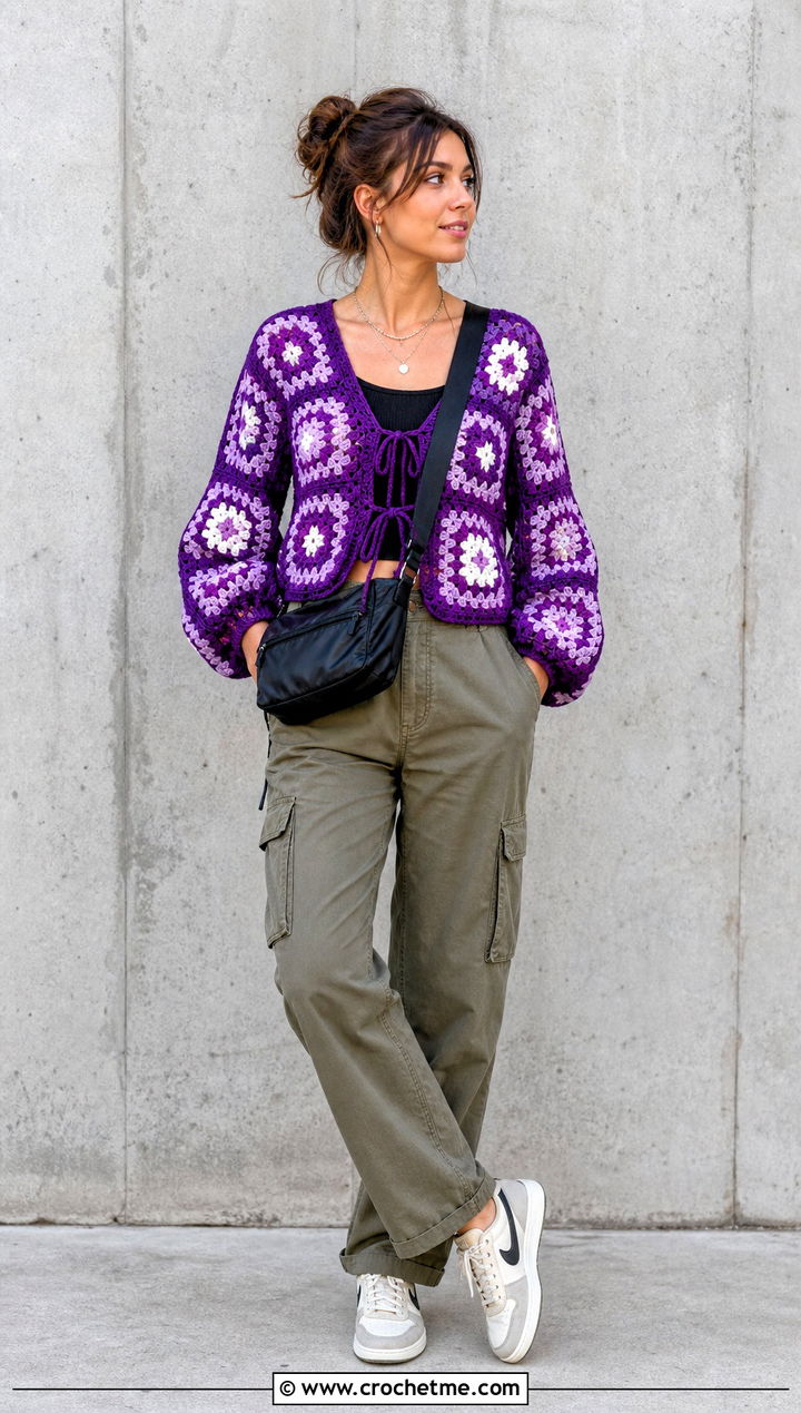 Balloon Sleeve Granny Square Tie Cardigan With Cargo Pants - 25 Granny Square Tie Cardigan outfit ideas