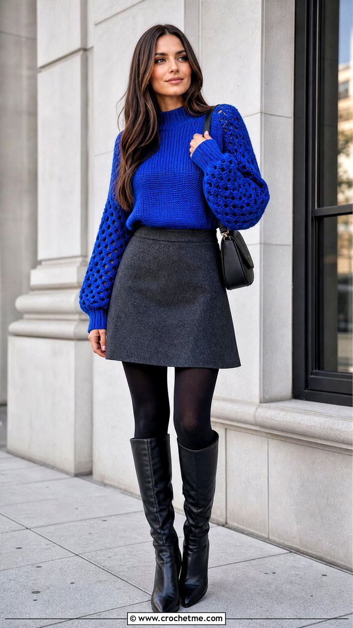Balloon Sleeve Granny Stitch Sweater With Mini Skirt - 35 crochet granny stitch sweater outfit ideas