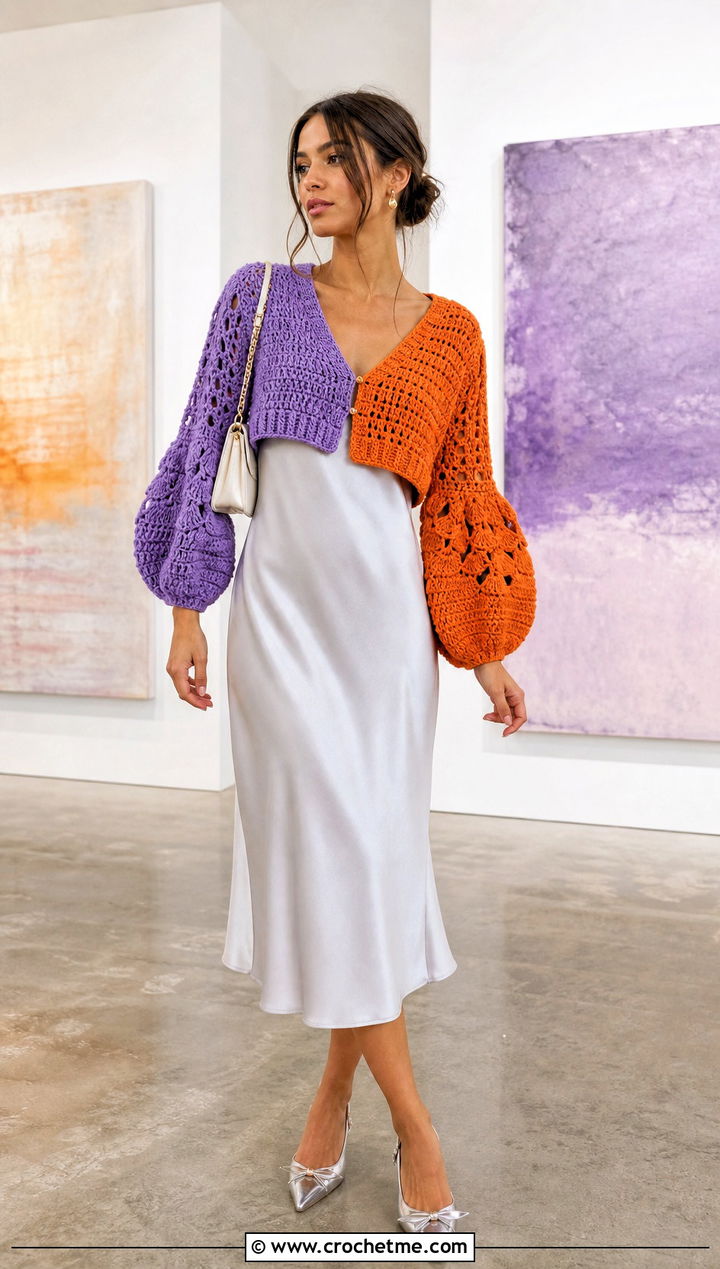 Balloon Sleeve Half And Half Crochet Cardigan With Slip Dress - 20 Half And Half Crochet Cardigan outfit ideas