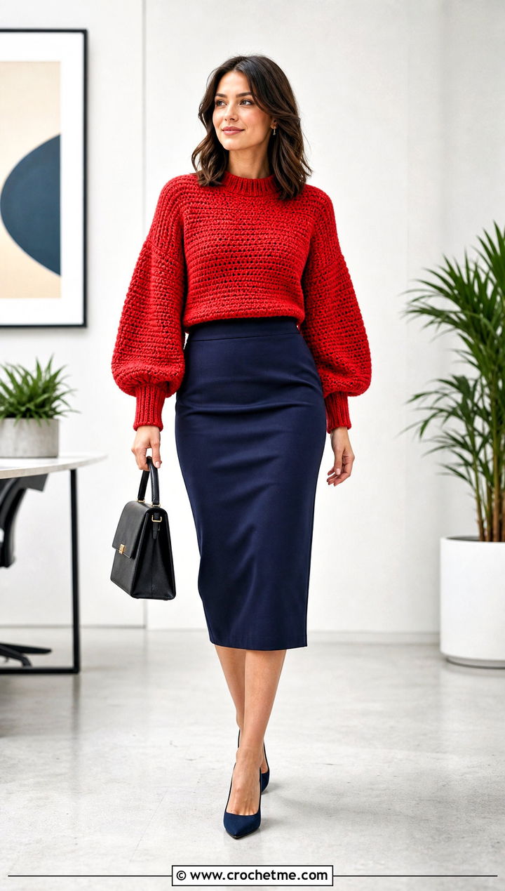 Balloon Sleeve Half Double Crochet Sweater With Pencil Skirt - 30 half double crochet sweater outfit ideas