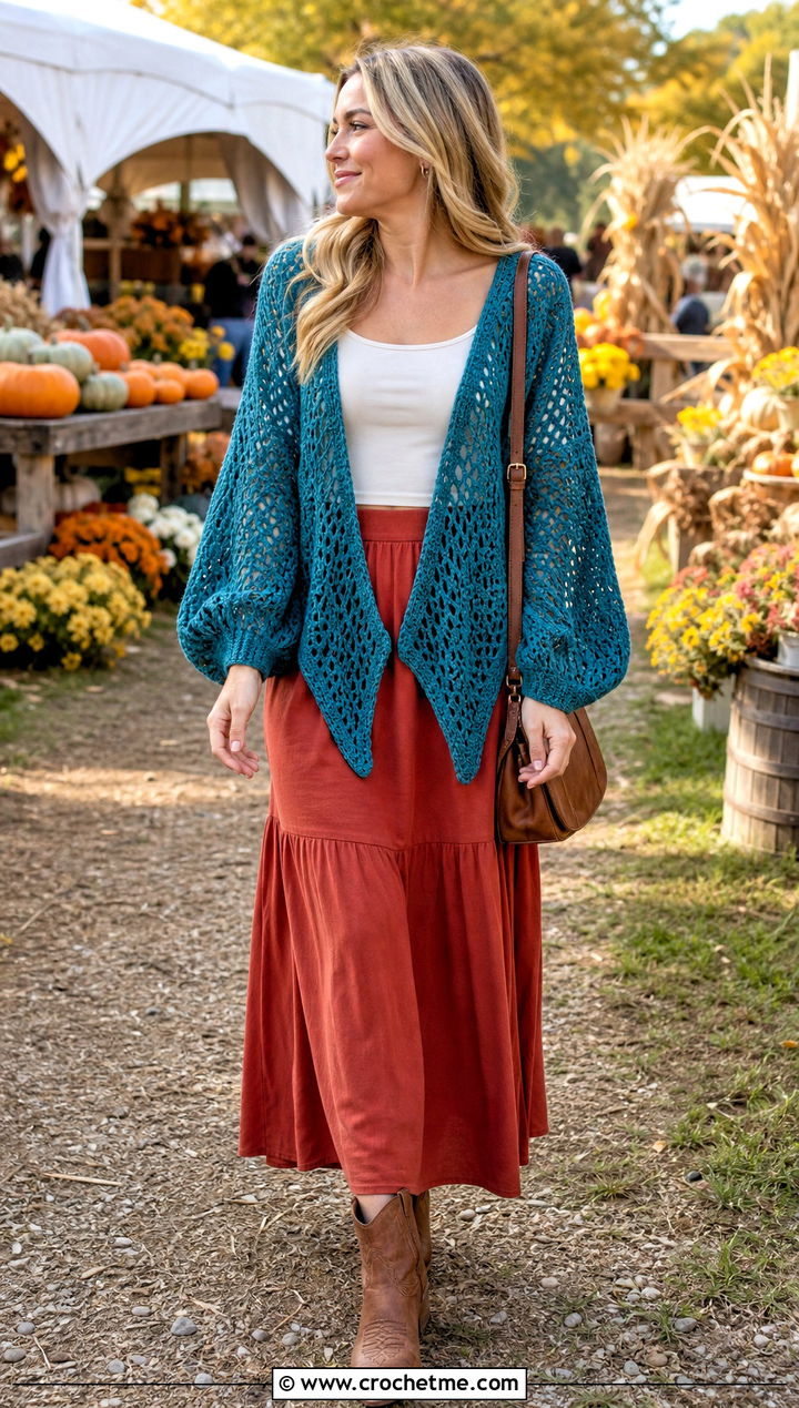 Balloon Sleeve Handkerchief Crochet Cardigan With Maxi Skirt - 30 crochet asymmetrical cardigan outfit ideas