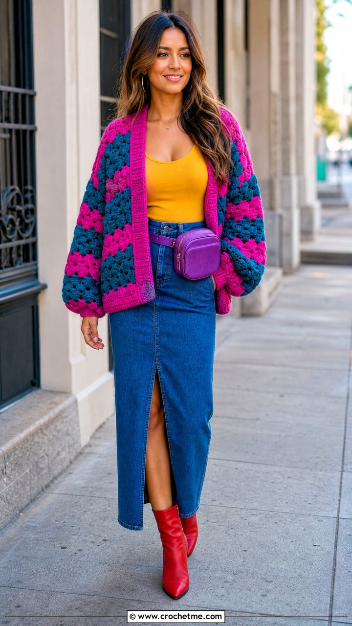 Balloon Sleeve Hexagon Cardigan With Denim Skirt - 35 crochet hexagon cardigan outfit ideas