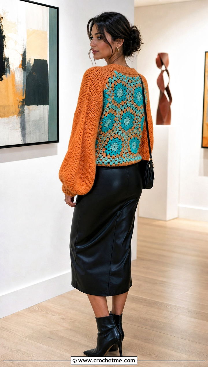 Balloon Sleeve Hexagon Cardigan With Granny Square Back And Leather Skirt - 20 Hexagon Cardigan With Granny Square Back outfit ideas