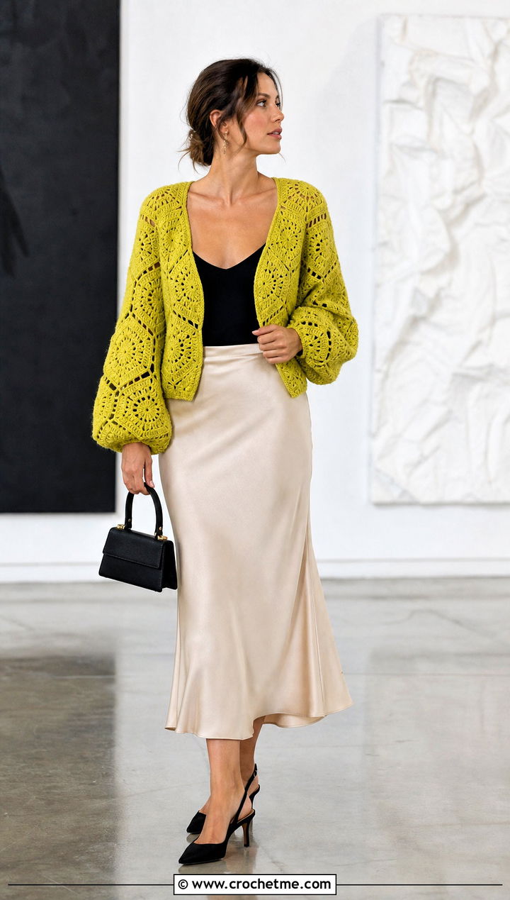 Balloon Sleeve Hexagon Cardigan With Satin Midi Skirt - 35 granny square hexagon cardigan outfit ideas