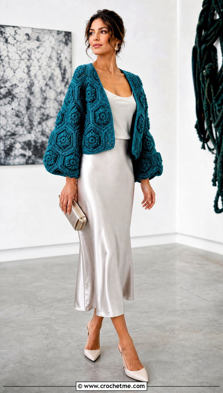 Balloon Sleeve Hexagon Cardigan With Satin Slip Skirt - 25 Bulky Crochet Cardigan outfit ideas