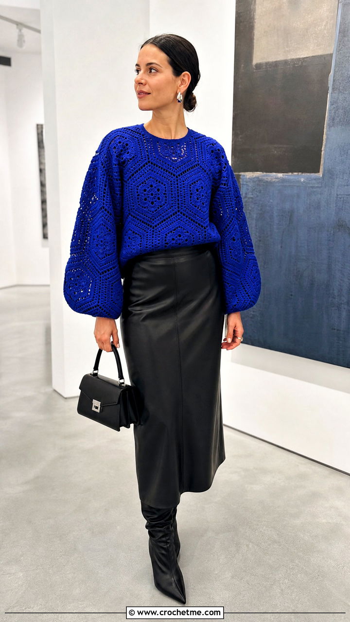 Balloon Sleeve Hexagon Pullover With Faux Leather Skirt - 35 crochet hexagon pullover outfit ideas