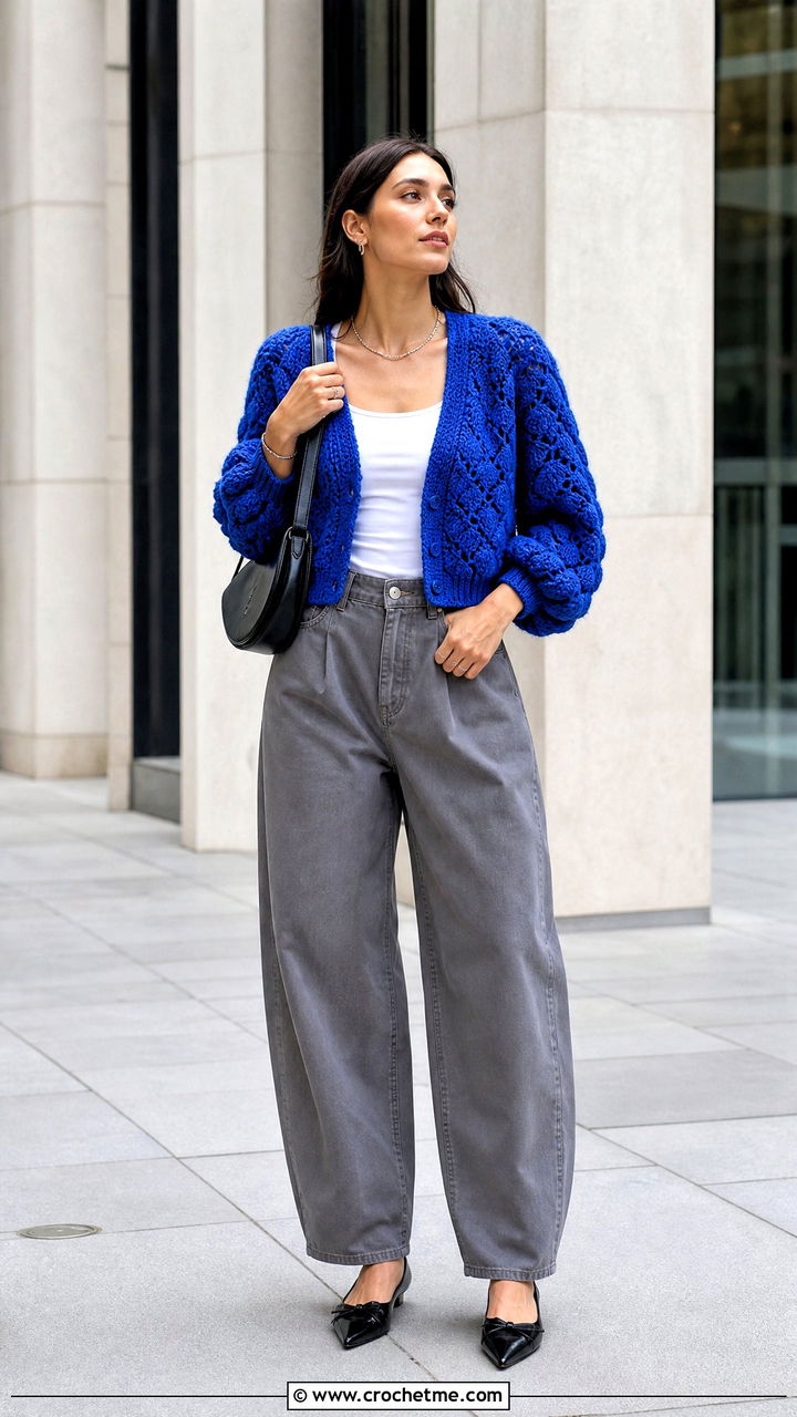 Balloon Sleeve Hexi Cardi With Barrel Leg Pants - 35 crochet hexi cardi outfit ideas