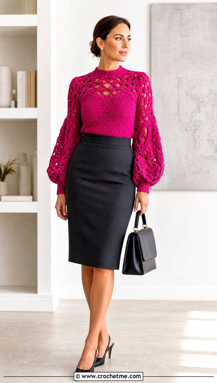 Balloon Sleeve Hollow Out Crochet Sweater With Pencil Skirt - 25 Hollow Out Crochet Sweater outfit ideas